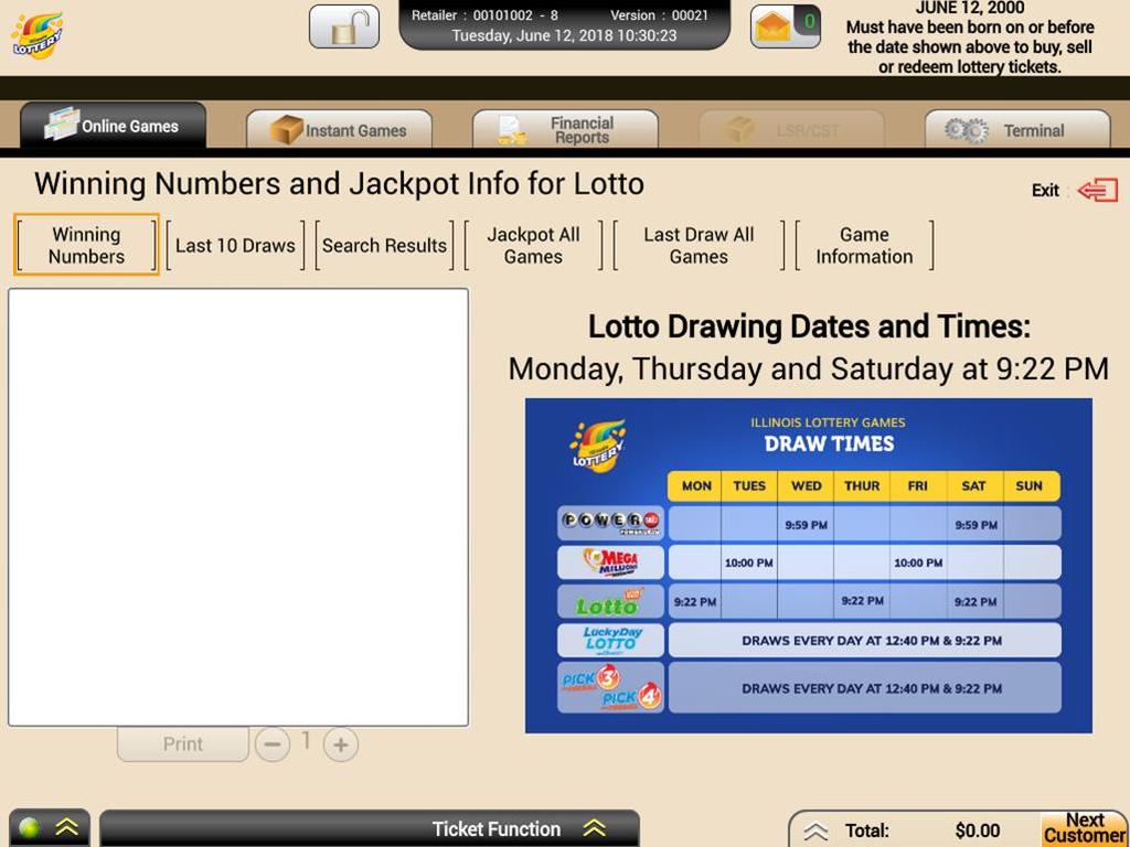 4. Pressing the Winning Numbers All Games button will display the winning numbers for the previous draw, next draw date, and the estimated jackpot for all online games.