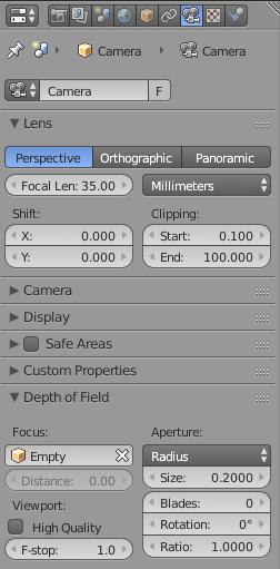 First, set the Cycles Render engine in the top bar, select the Camera, and go to the Camera properties panel.