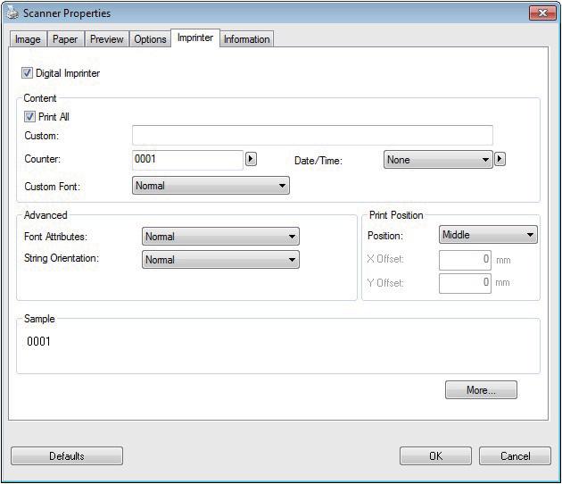 Scanning Applications and Settings Imprinter settings Click Setup, and then click the Imprinter tab to print alphanumeric characters, date, time, document count and custom text on your scanned images.