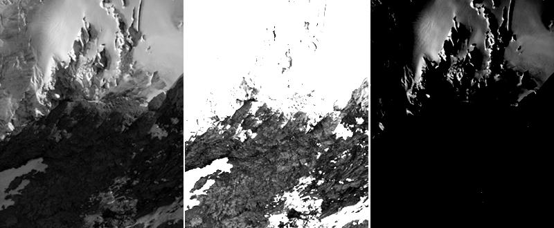 Figure 4. Radiometric performance illustrated by high dynamic intra scene contrast. The alpine area on the left consists of bright areas covered by snow and dark shadows (left).