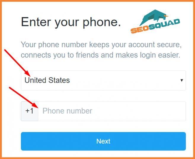 Twitter will then ask for your country and phone number.