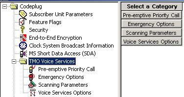 TMO Voice Services 3-61 18 TMO Voice Services This menu has the following 5 sub menus Pre-emptive Private Call Emergency Options Scanning Parameters Voices Services Options 18.
