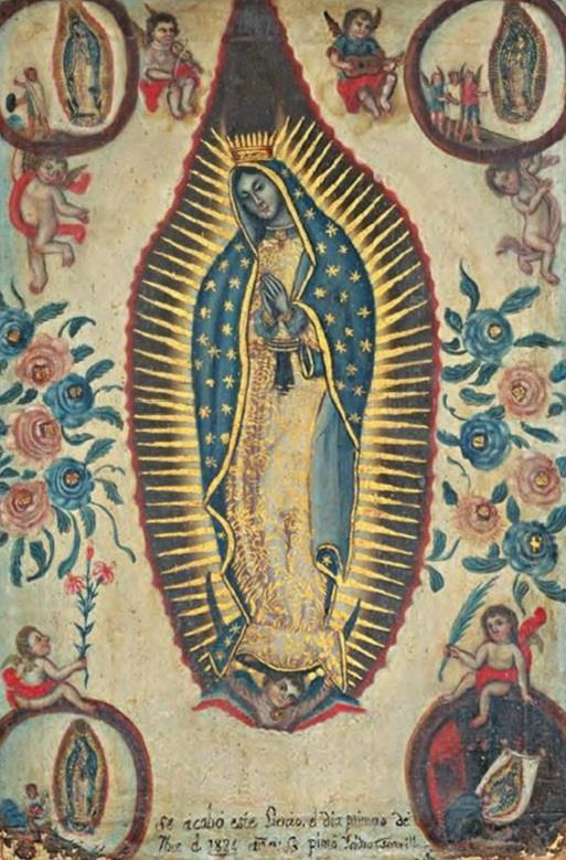 Isidro Escamilla, Virgin of Guadalupe, 1824. Oil on canvas. This painting tells the story of the Virgin of Guadalupe. In the top-left corner, we see Juan Diego first encountering the Virgin.