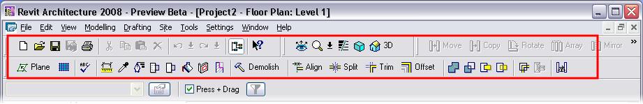 Toolbars Again, as most Windows programs, Revit Architecture includes a series of tools on toolbars immediately below the menu system.