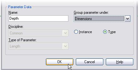 8 In the Properties dialog box for the parameter: Enter Depth as the name. Verify that Type is selected. Set the Group Parameter Under option to Dimensions. Click OK.