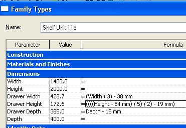 Create Formulas for the Drawer Parameters 29 Now, in the Family Types dialog box, in the Drawer Depth, Drawer Height, and Drawer Width lines, enter the formulas as shown in the image.