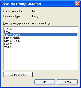 37 Click the small gray box in the Depth line. In the Associate Family Parameter dialog box select Drawer Depth. Click OK.