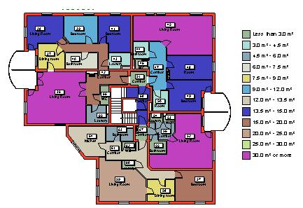 3 Revit Architecture automatically fills each tagged room with the corresponding color. All rooms with the same area are given the color defined in the legend.