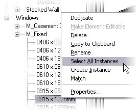 28 Change windows from Fixed to Casements family of the same size: In the project browser, select Families > Windows > M_Fixed. Right-click 0915 x 1220 mm. Click Select All Instances.