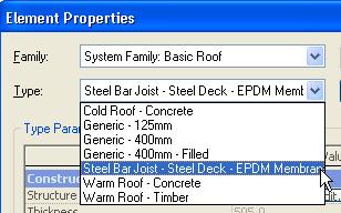 5 In the roof s Element Properties dialog box: Change the roof type to Steel Bar Joist Steel Deck EPDM Membrane. Click the Edit/New button. 6 In the Type properties dialog box: Click Duplicate.