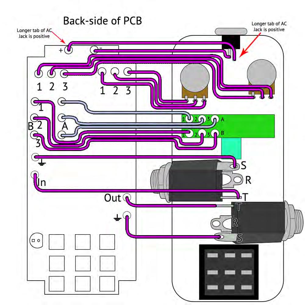 FLIP PCB OVER!!! STEP 1: Wire the PCB as shown in the diagram below. Make all connections to the back side of the PCB and solder on the top (screen printed) side of the PCB.