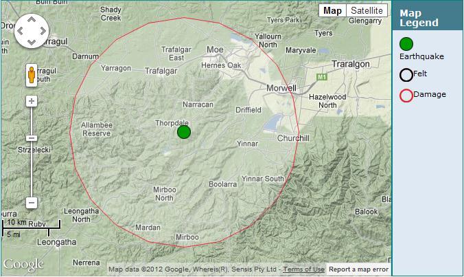 2.1 Initiating Event At 20:53:29 hrs a magnitude 5.4 earthquake occurred 10 km southwest of Moe, Victoria at a depth of 9.9 km underground. Figure 1 1 shows the location of the earthquake.