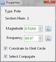3.3. Pole-zero properties window You may get the specific properties of a pole or zero by double-clicking on it in the P-Z chart.