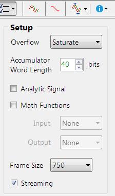 4.4. Setup The Setup menu allows you to customise the fixed point quantisation settings, input/output mathematical functions, frame size and select between streaming and blocked based mode.