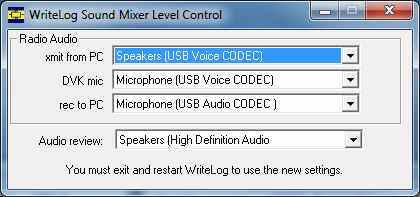 WriteLog setup: Audio configuration: 1. Open the WriteLog sound board mixer control by clicking on: START Programs WriteLog v10 Sound board mixer control 2.