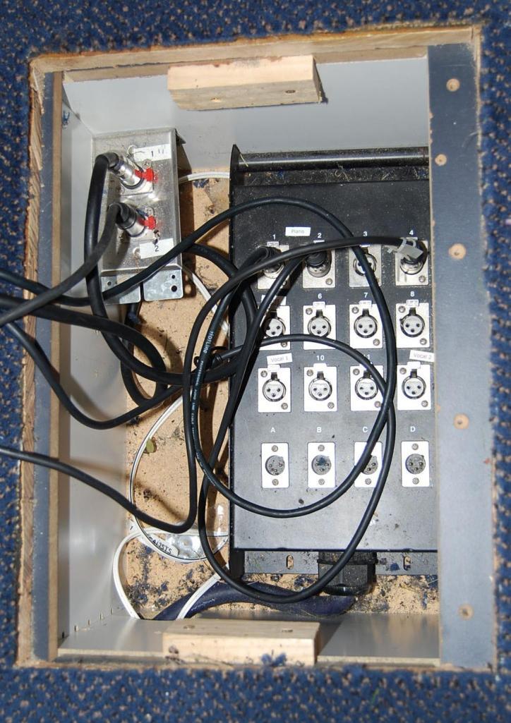 There are also two small boxes in the floor of the centre platform. They each contain two power points, an XLR connector and a video connector.