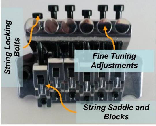Prior to installing the trem block, set the Fine Adjustment screws to mid-range (Fig. 4.5-2) and loosen the string locking bolts so they can be hand tightened.