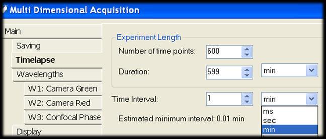 Timelapse Set up Time interval between each acquisition time point Set the Duration of the entire experiment or Number of time points, either one will do Click Acquire to start the acquisition.