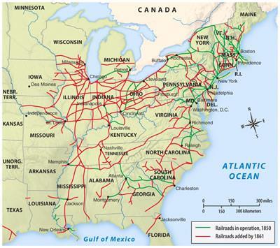 What do you notice about where the railroads are