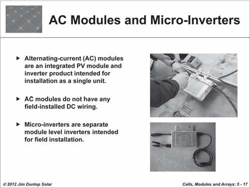 An alternating-current (AC) module is an integral PV module and inverter unit that is designed to produce AC power for interactive operations with the utility grid.
