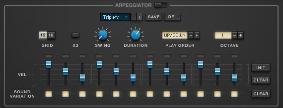 ARP/CHORD Page Arpeggiator settings can be saved and recalled at any time.