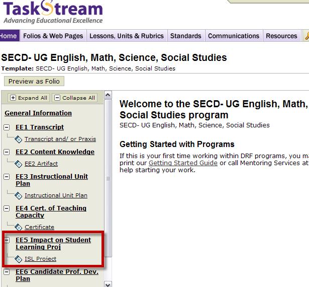 4. In the structure section (highlighted in red square below), click on the Evidence you are submitting work for.