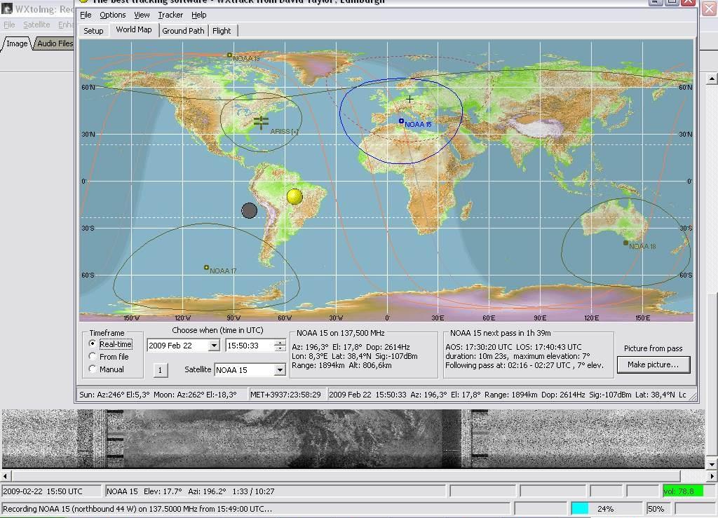 Another very useful software is WXTrack. It shows the flight curves of all official satellites (not only weather sats), also of the International Space Station ISS.