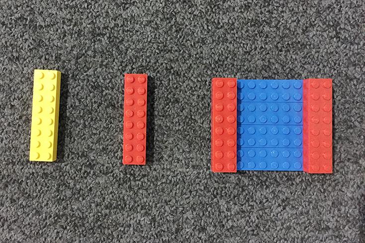 Fig. 3: Evaluation objects from left to right: Yellow Lego block, Red Lego block, and RedBlue Lego block.