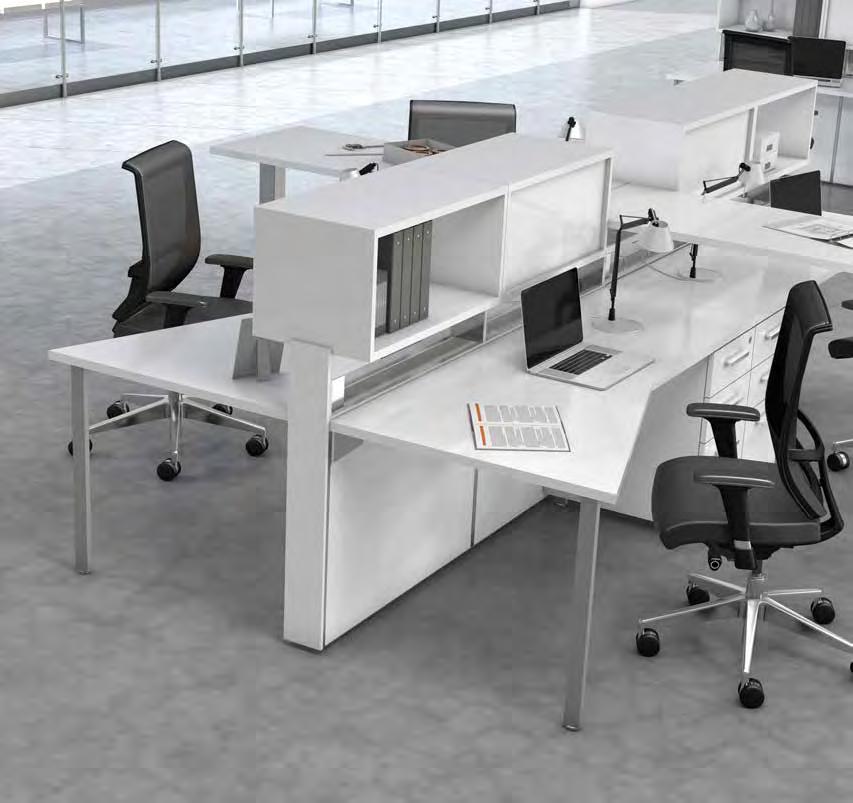 THE LONG AND THE TALL OF IT. Benching solutions can accommodate multiple workers in a minimal amount of space. Desking systems can include rectangular or hatchet (tapered) work surfaces.