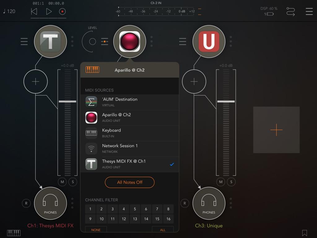 USING THESYS TO CONTROL ANOTHER SYNTH INSIDE AUM Create a new channel, tap the Audio Unit Extension category and select Thesys MIDI FX. Create another AUM channel and load your target instrument.