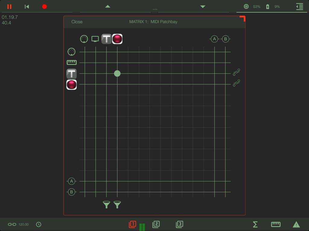 USING THESYS TO CONTROL ANOTHER SYNTH INSIDE APEMATRIX Go to the Audio Routing Matrix and tap the + sign (in the vertical column on the left) to pick up Thesys MIDI FX from the list of Audio Unit