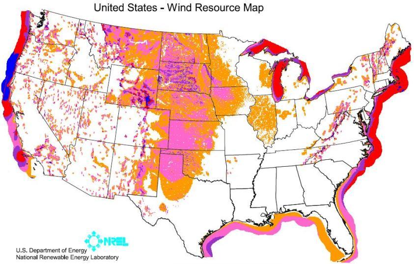 US Midwest lightly populated and wind abundant Most population in low wind areas Poses issues