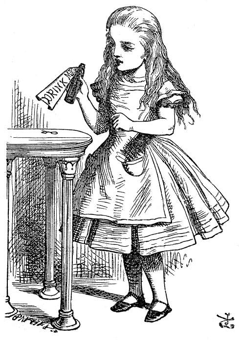 This is the first depiction of Alice as she debates drinking the potion that will make her smaller.