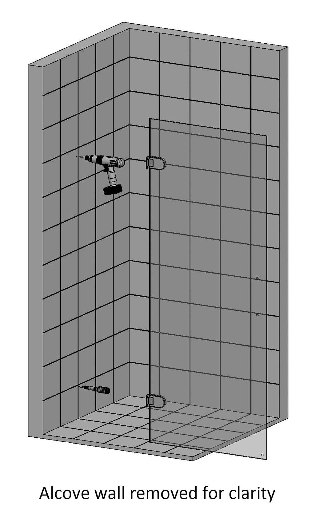 Step 1 - Door Fitting - Continued ➀➃ 8. Move the door to a safe place and drill the holes using a 6mm masonry drill bit (not supplied). 9. Push the wall plugs (supplied) into the drilled holes. 10.