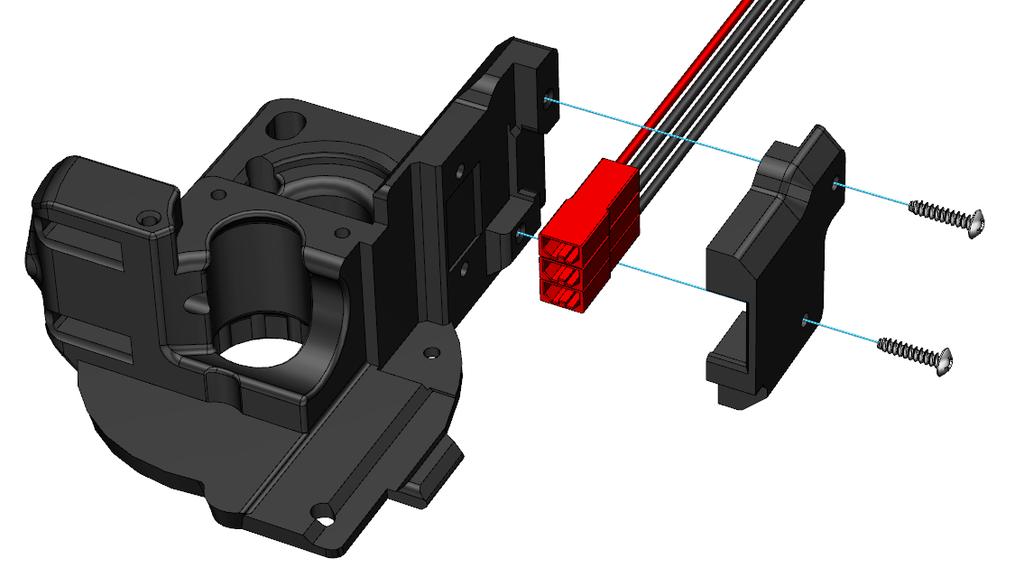 2.1-FM-extruderbase.stl 1 Remove 4x designed-in print support ribs from 2.1-FM-extruderbase.stl 2 Attach 3X JST 2W Male connectors to the extruder base using 2.