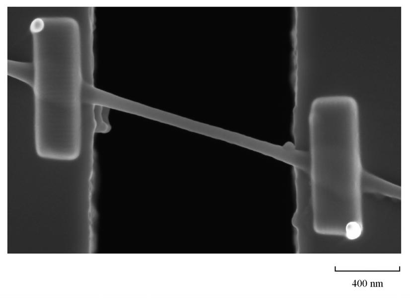 Figure 2.12 Scanning electron micrograph of a silicon nanowire fixed across a test span.