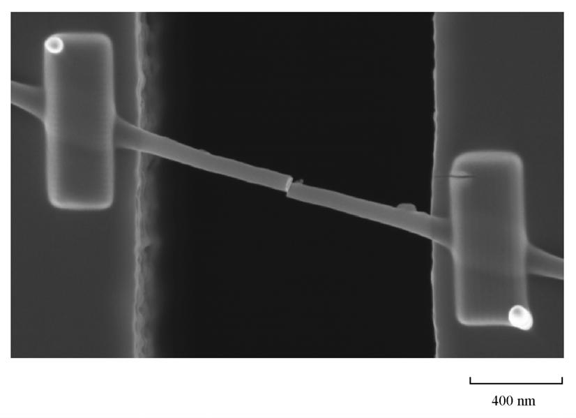 Figure 2.16 Scanning electron micrograph of a fractured silicon nanowire. The location of nanowire fracture was relevant to the final interpretation of data.