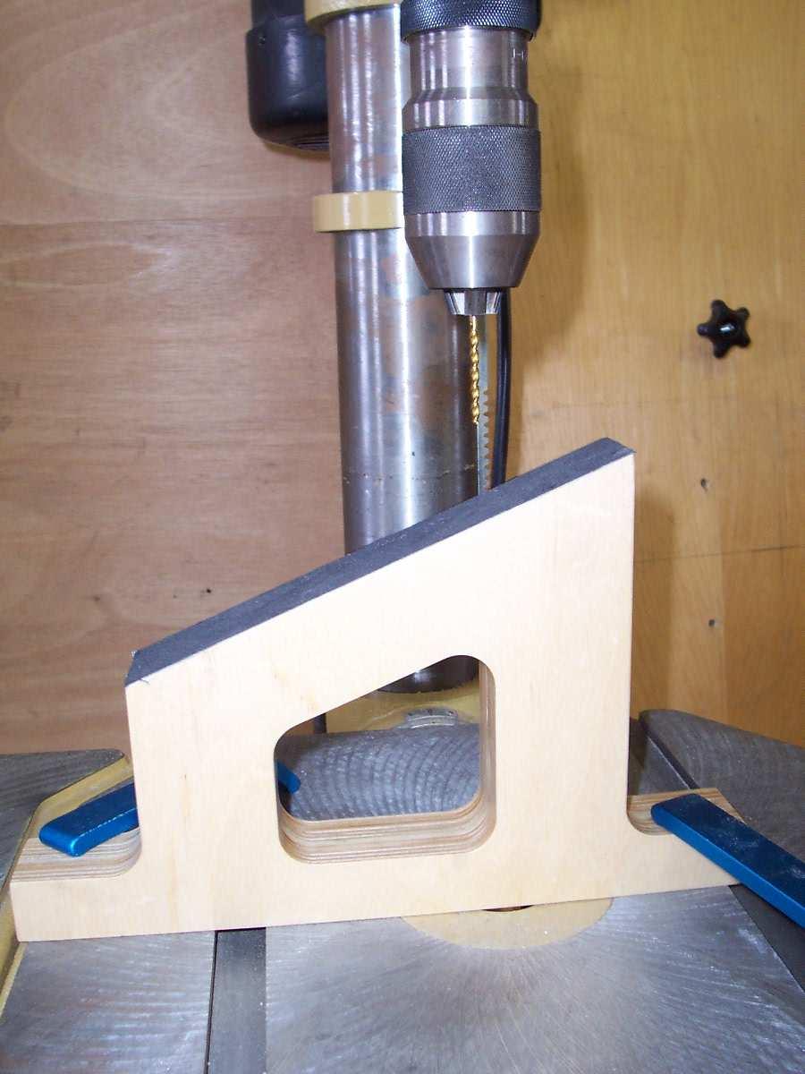 Fig. 18 Preparing for back check drilling in keys 11. Drill for backcheck holes. a. Set up drill press for backcheck drilling. (See Fig. 18) i. Use Backcheck Angle Drilling block. 1. Clamp to the drill press table.