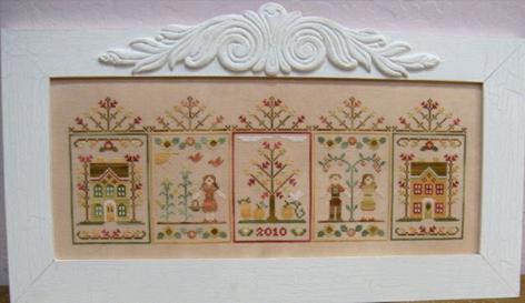 The design is based on a typical 18th century sampler style and features the initials of all family members that lived there, the dates of