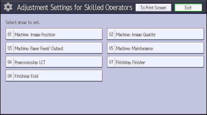 1. Adjustment Settings for Skilled Operators Layout of Adjustment Settings for Skilled Operators This section explains how to use Adjustment Settings for Skilled Operators. 1 2 3 CWH201 1.