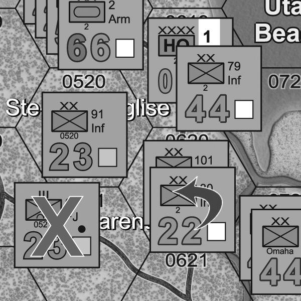 Now that this is done, we can move along to the Combat Resolution Step. Needing to capture Cherbourg posthaste, the Allied stack in hex 0519 chooses to attack Cherbourg.