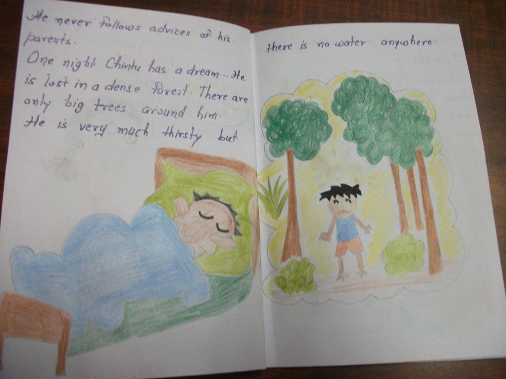 One night Chintu had a dream. In his dream he saw himself lost in a dense forest which was surrounded by big trees. He was feeling thirsty so he started running here and there in search of water.