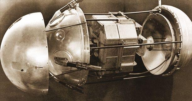 Space exploration The design of the first artificial Earth satellite. There is a transmitter and a power source inside. as Sputnik - 1 the simplest satellite.