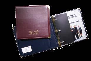 5 Gold D ring binder with 4 matching corners 3 sided business card pocket 5 custom printed index dividers* 10 copy safe vinyl pouches to hold documents * Additional document pouches