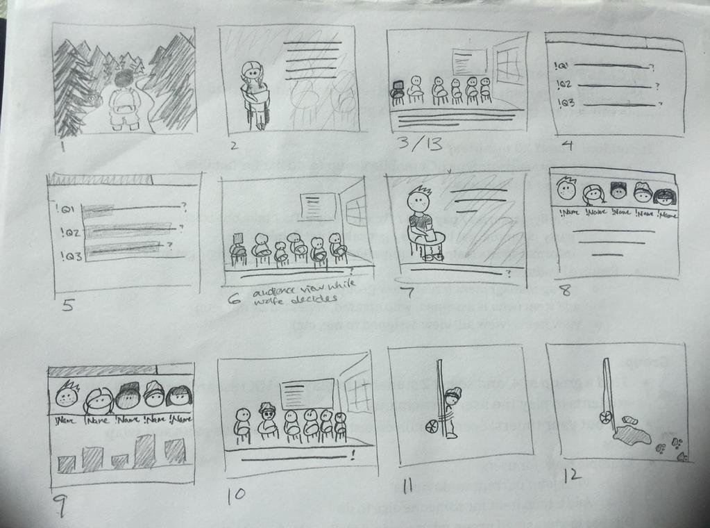 Storyboards were a crucial part of defining the game as a team. We used the storyboards to further refine the narrative and to split up asset creation between art, interaction, and development.
