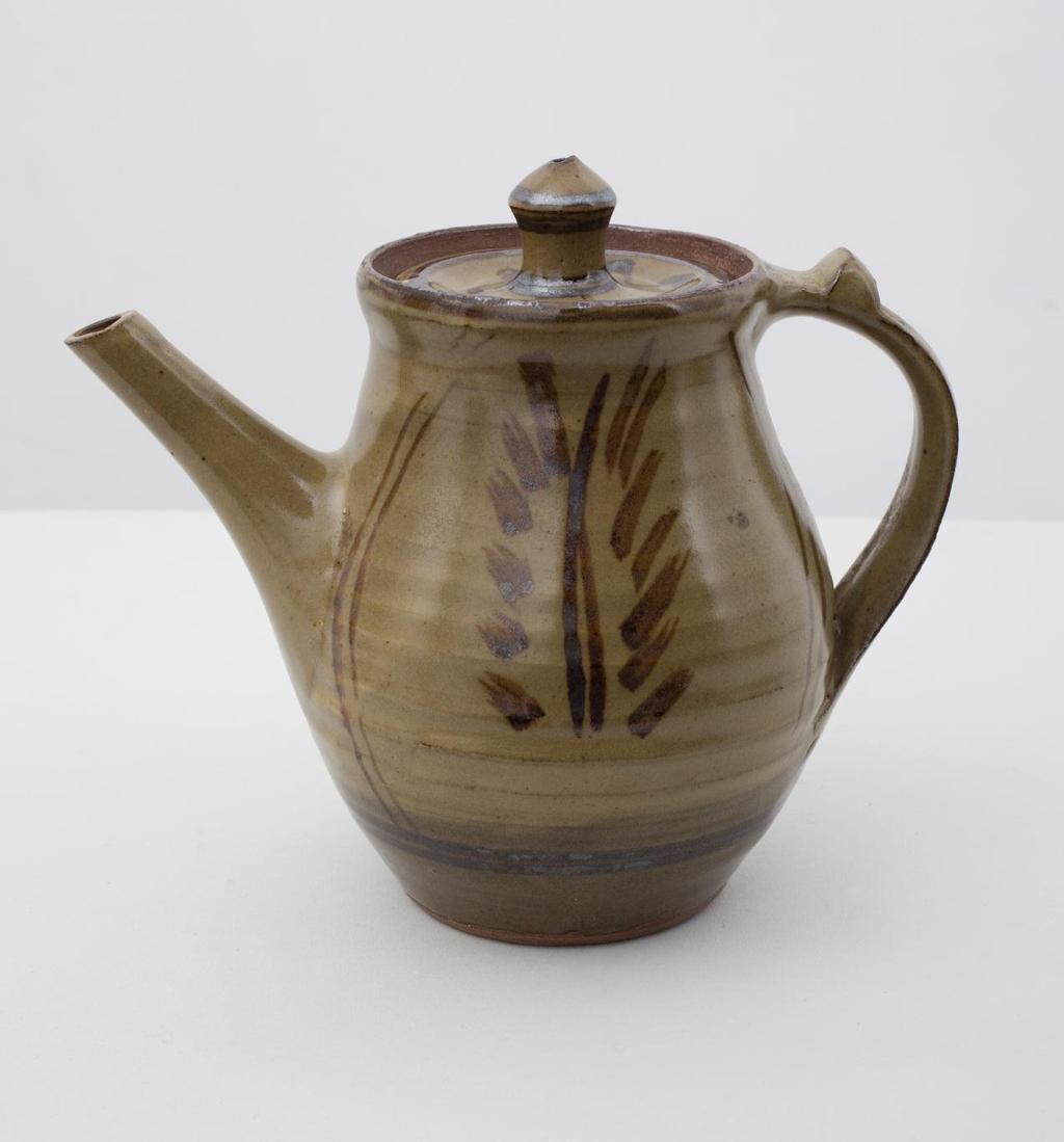 Coffee Pot Green glaze with painted brown decoration, pulled
