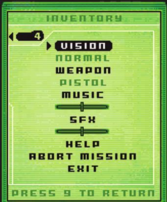 0630795_ap_ug_fl_r10s 10/31/03 5:29 PM Page 9 Inventory menu The Inventory Menu allows you to access the game options. Vision: Select the different vision modes for the characters.