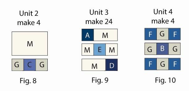 Sew one 2 ½ Fabric M square to each side of one 2 ½ Fabric E square to make the middle row. Sew one 2 ½ Fabric D square to the right side of one 2 ½ x 4 ½ Fabric M rectangle to make the bottom row.