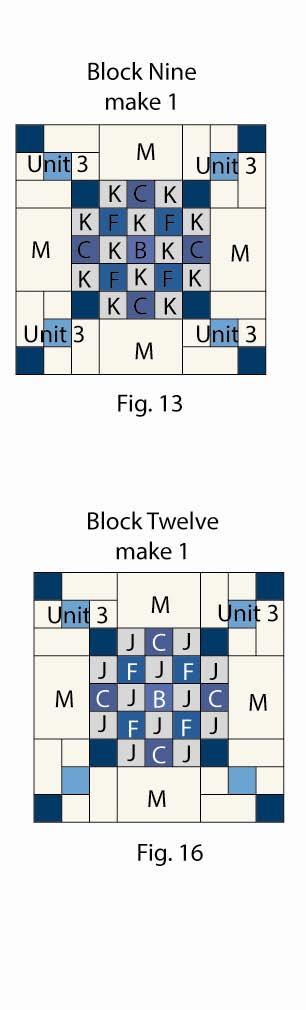 Repeat to make the bottom row. Sew one 2 ½ G square to each side of one 2 ½ Fabric B square to make the middle row. Sew the rows together to make one Unit 4 square. 7.