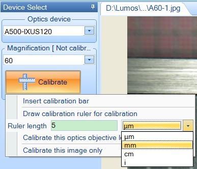 Click on Calibrate, then insert the true length of the ruler in empty space and choose the right unit: Then select Calibrate this optics